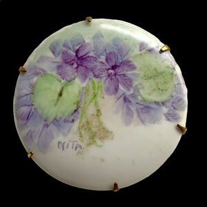 Antique 1890’s cameo Limoges porcelain violet scarf pin 2” round